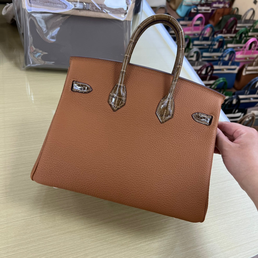Luxury Two-Tone Brown Leather Handbag with Crocodile Texture Accents and Gold Hardware