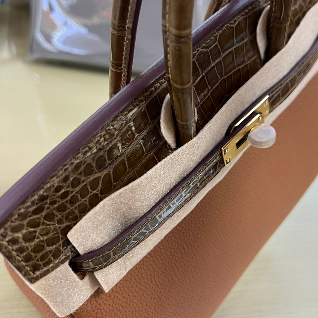 Luxury Two-Tone Brown Leather Handbag with Crocodile Texture Accents and Gold Hardware
