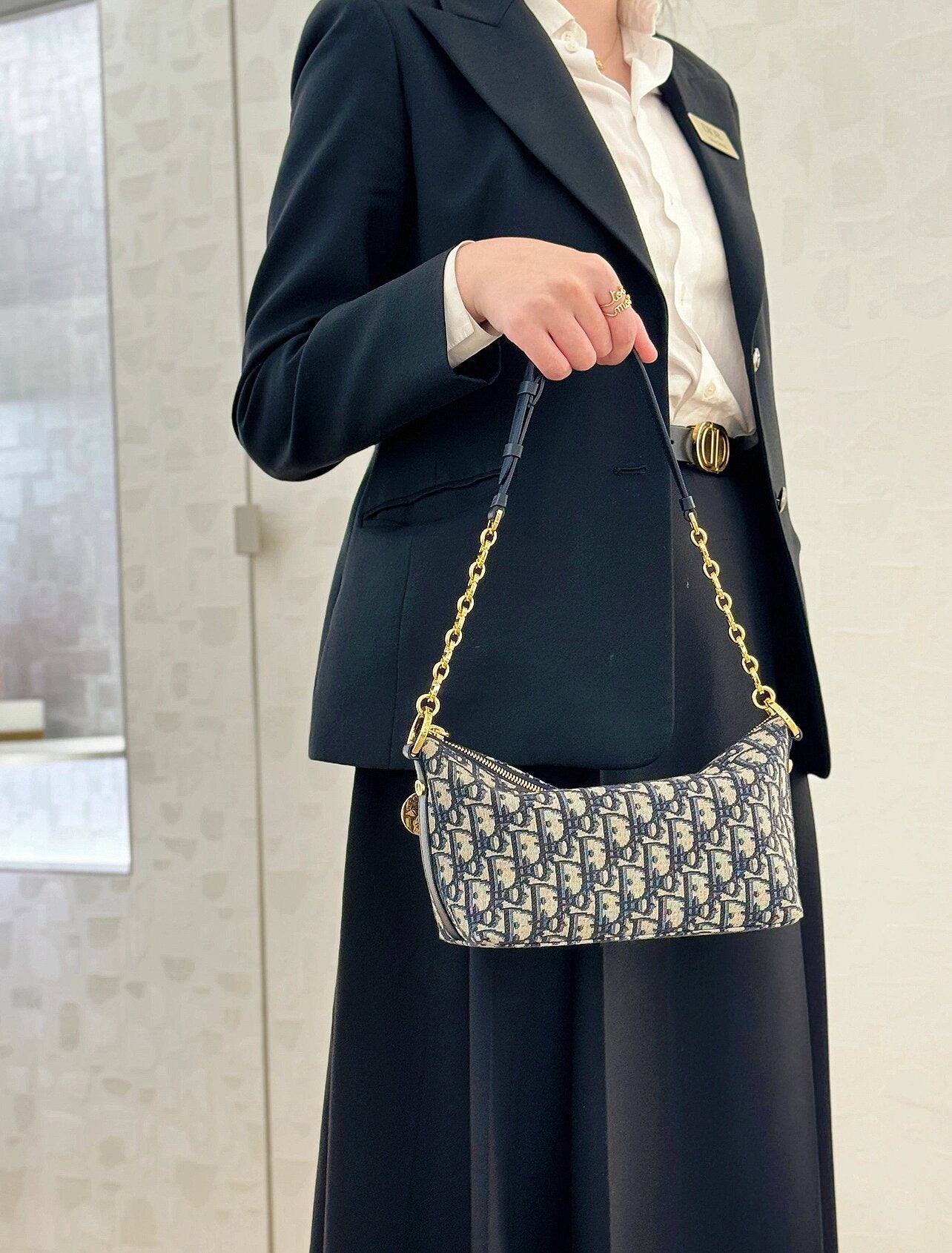 Christian Dior Oblique Jacquard Shoulder Bag - Navy Blue & Beige Canvas