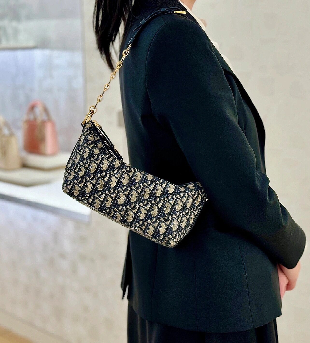 Christian Dior Mini Oblique Jacquard Shoulder Bag with Gold Chain Strap
