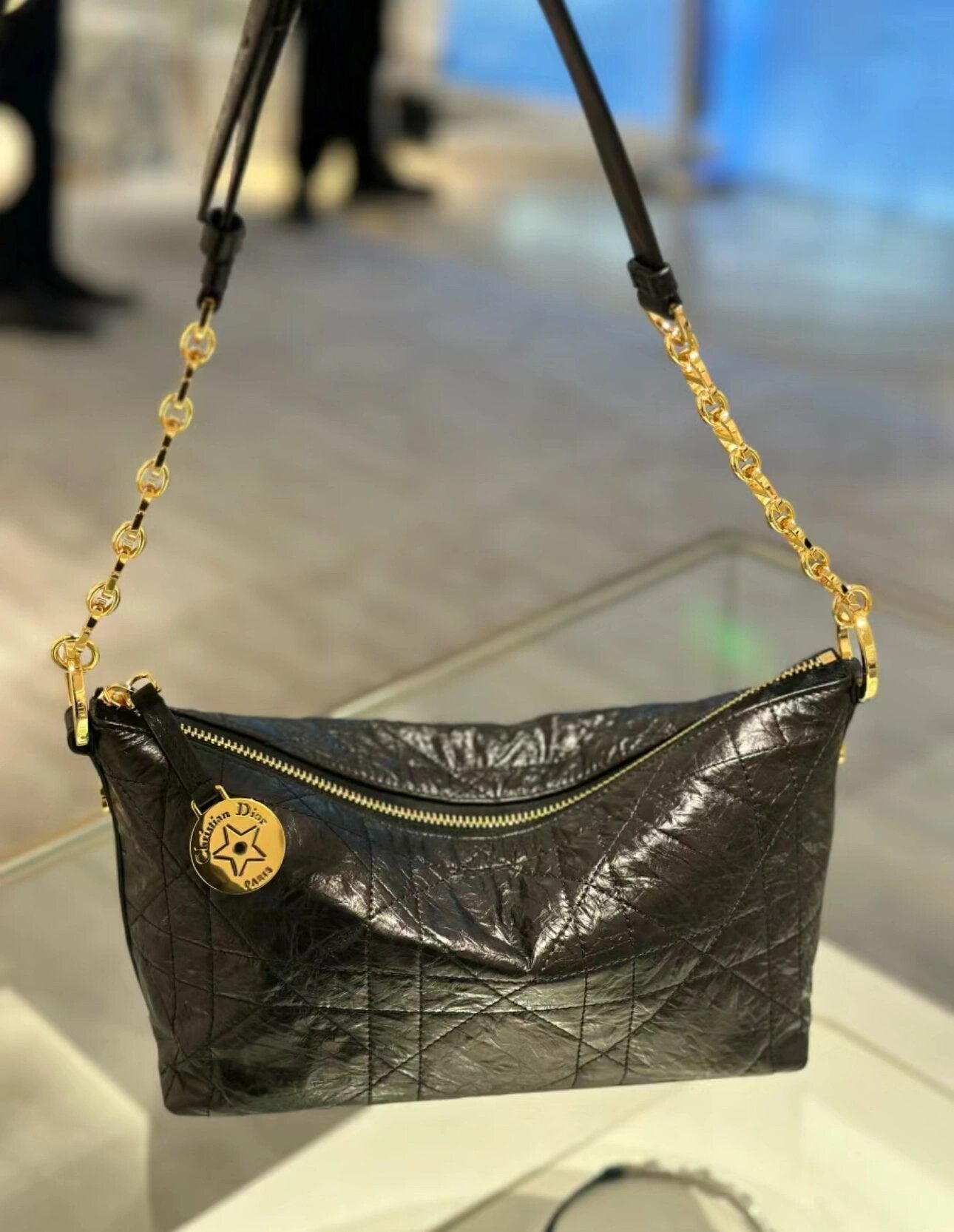 Women's Black Quilted Shoulder Bag with Gold Chain Strap and Charm