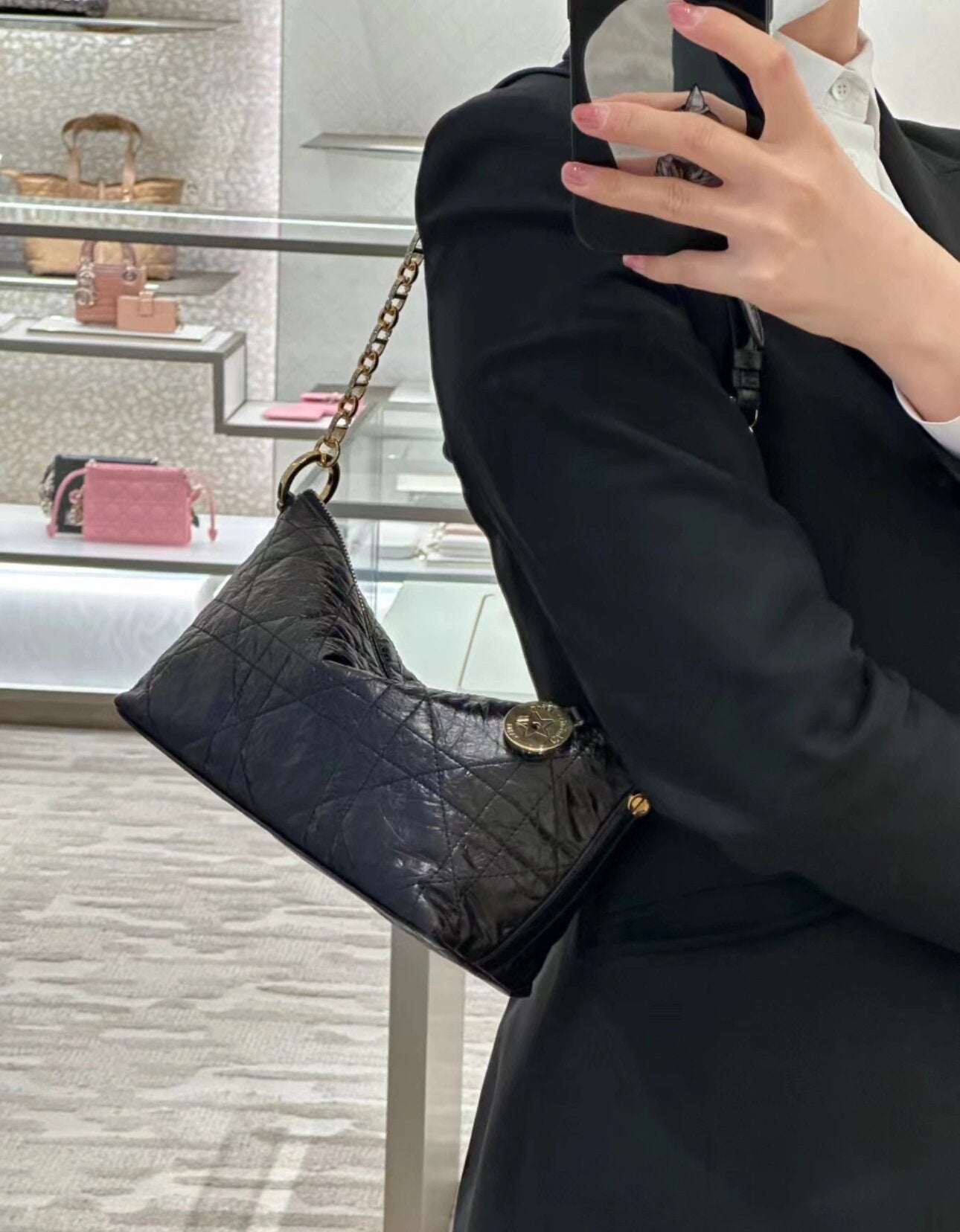 Women's Black Quilted Shoulder Bag with Gold Chain Strap and Charm