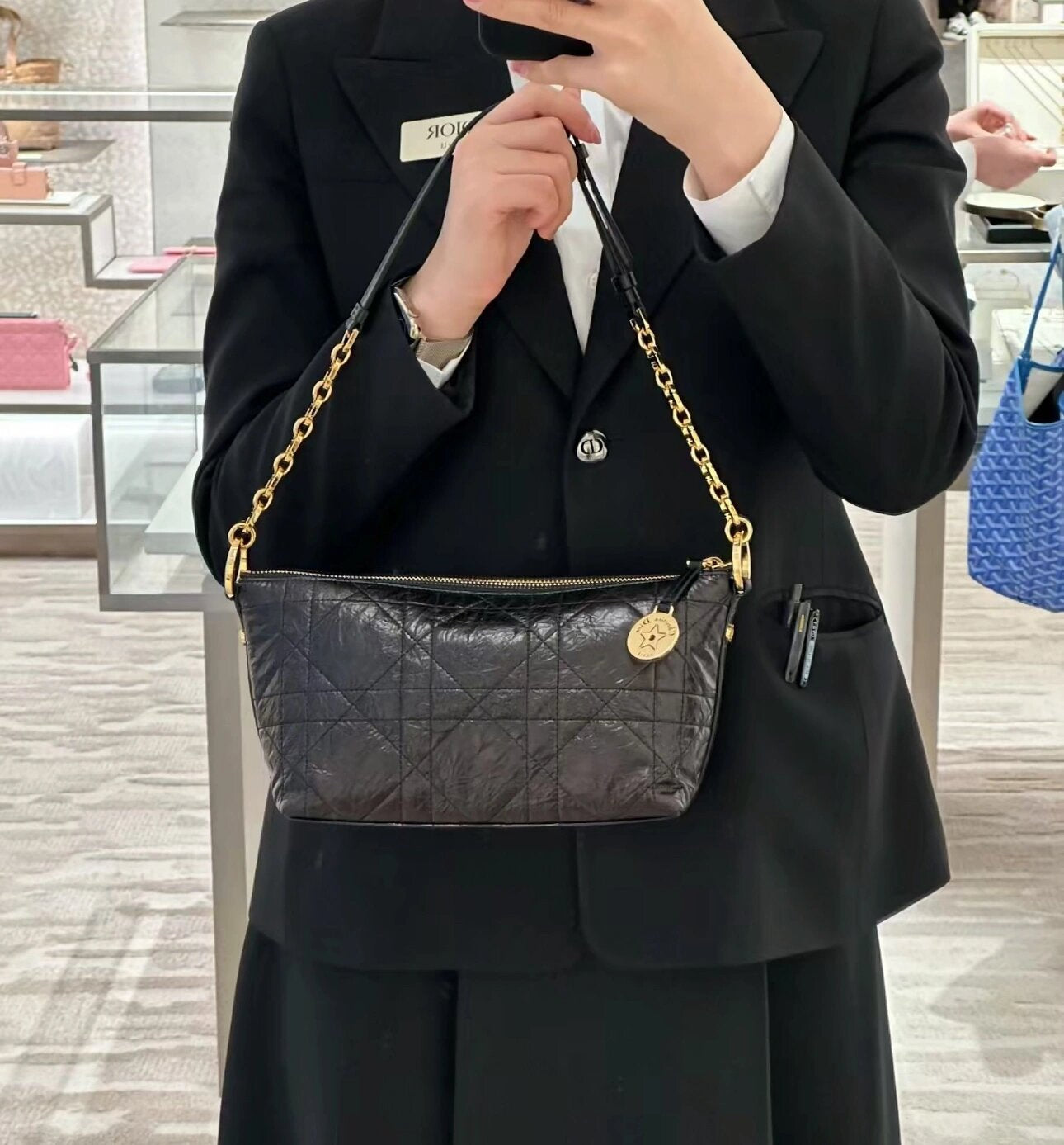 Women's Black Quilted Shoulder Bag with Gold Chain Strap and Charm