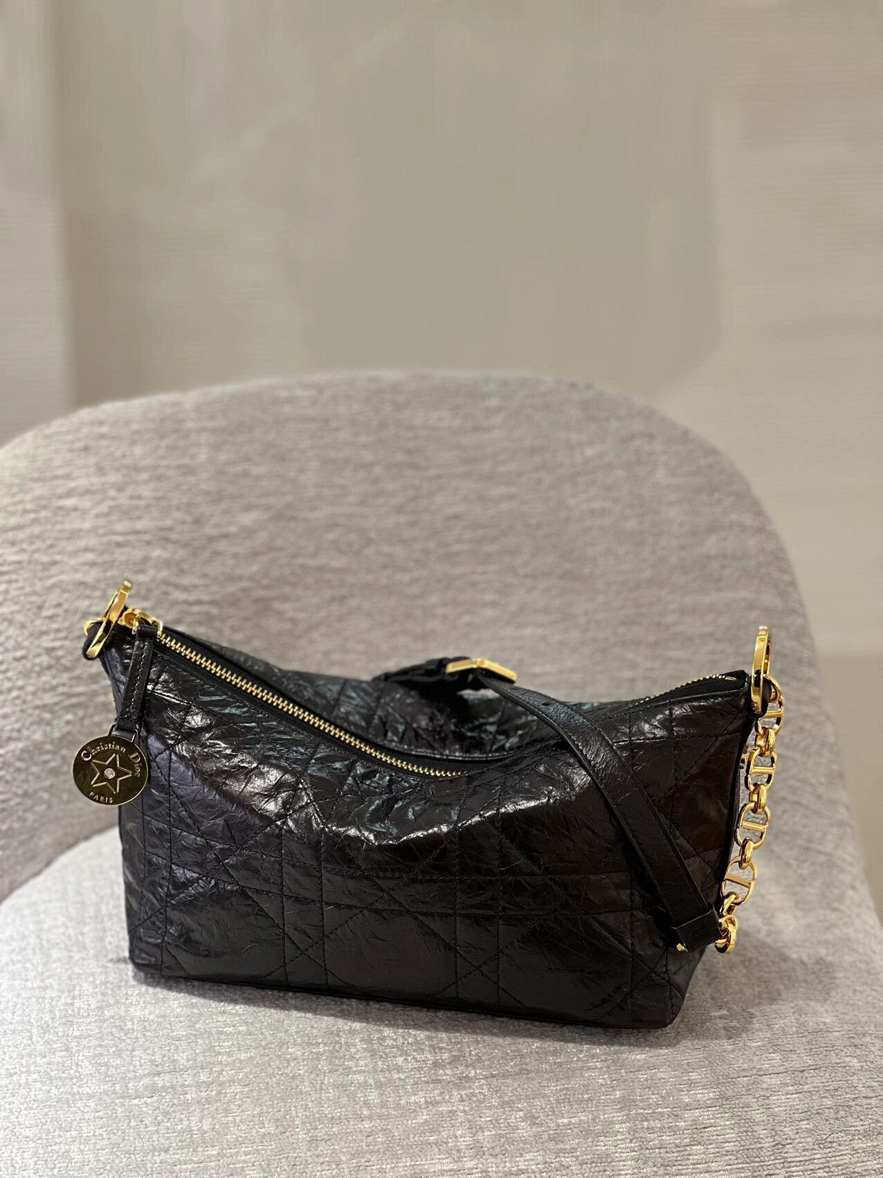 Women's Black Quilted Shoulder Bag with Gold Chain Strap and Charm