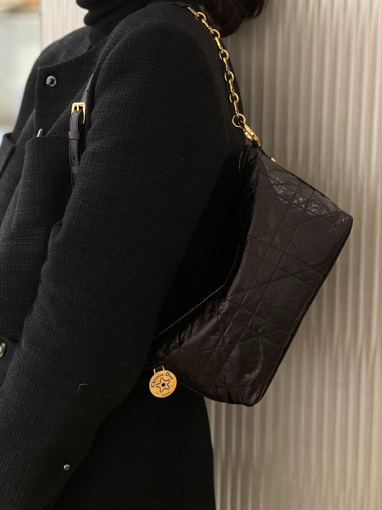 Women's Black Quilted Shoulder Bag with Gold Chain Strap and Charm