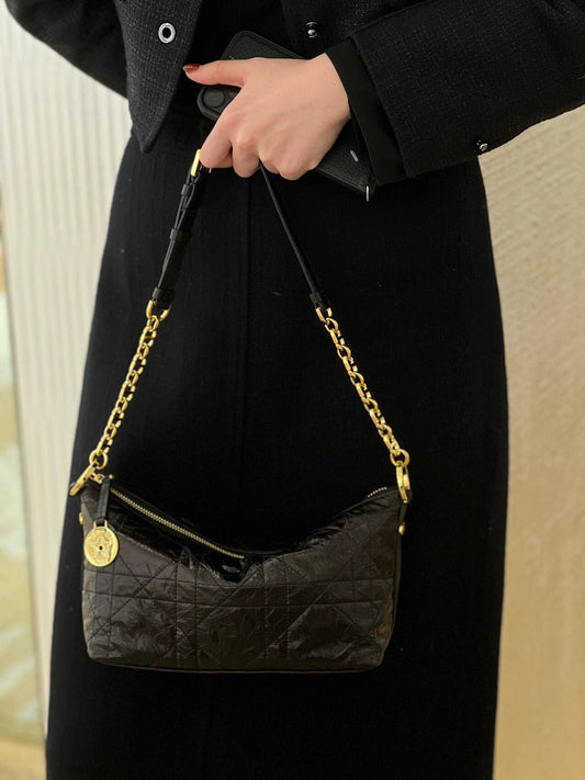 Women's Black Quilted Shoulder Bag with Gold Chain Strap and Charm