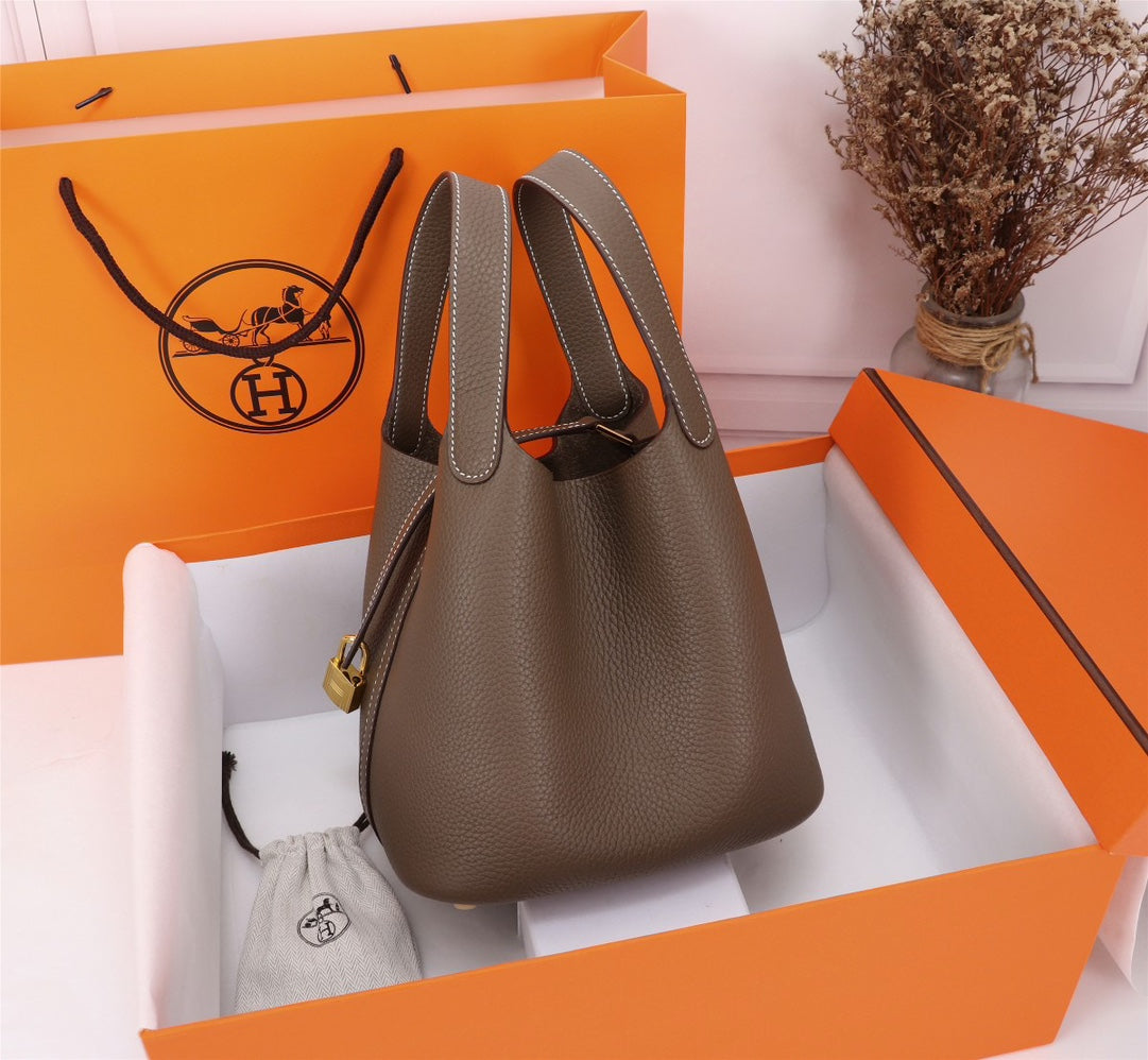 Hermes Picotin Lock 18 Bag Etoupe Clemence Leather Gold Hardware