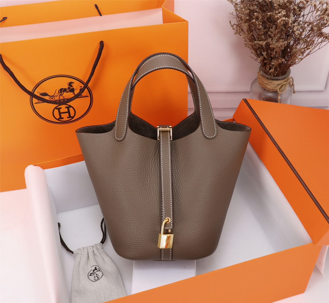 Hermes Picotin Lock 18 Bag Etoupe Clemence Leather Gold Hardware