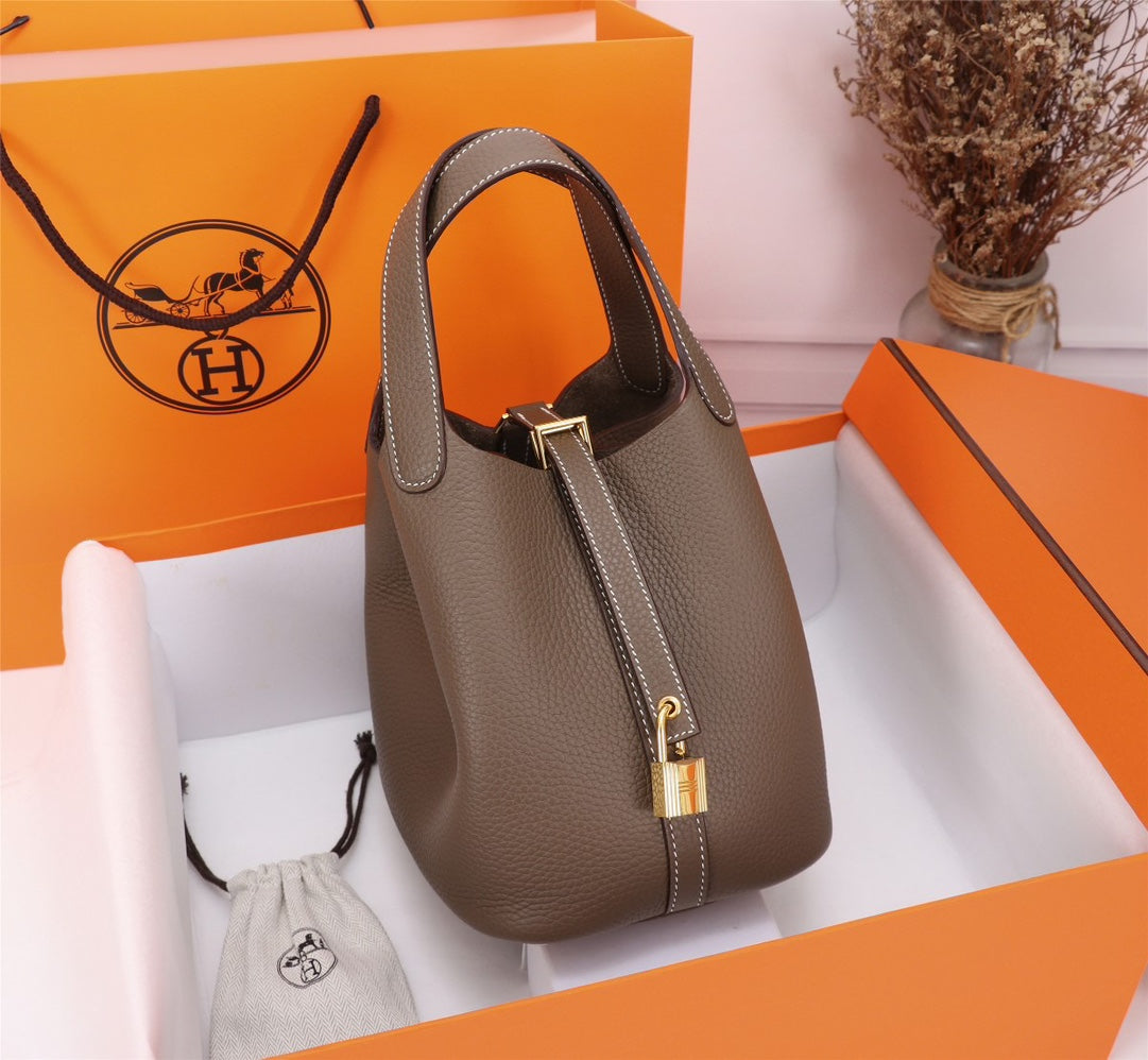 Hermes Picotin Lock 18 Bag Etoupe Clemence Leather Gold Hardware