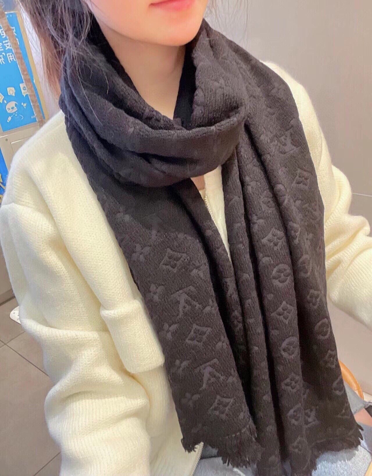 Luxury Monogram Print Scarf for Women - Soft Designer Style Winter Shawl and Fashion Wrap, Dark Grey