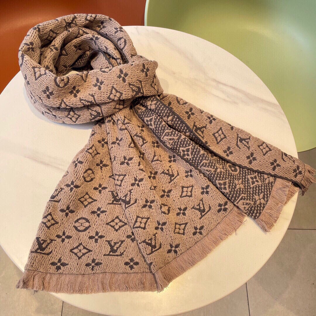 Luxury Monogram Print Knit Scarf for Women - Soft Warm Winter Neck Wrap, Beige and Brown
