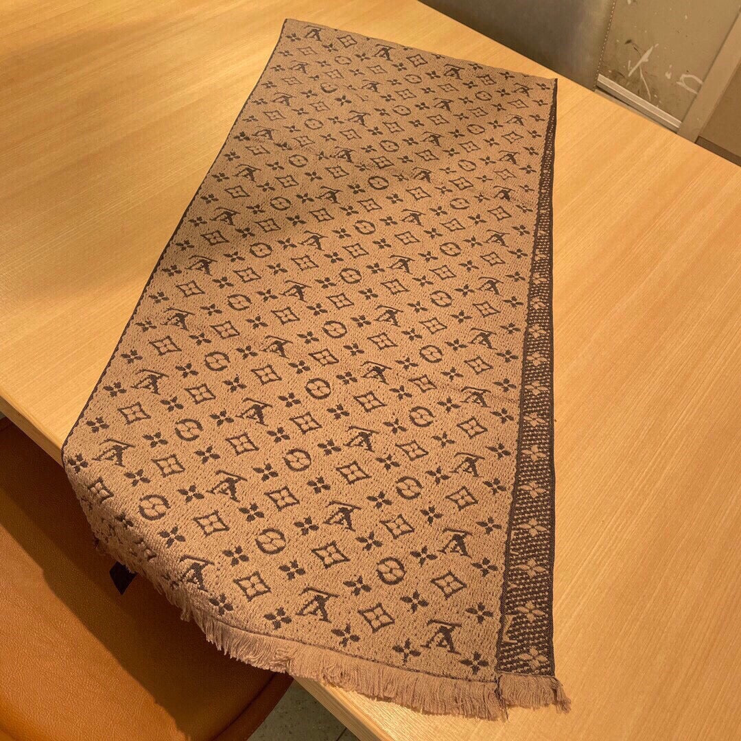 Luxury Monogram Print Knit Scarf for Women - Soft Warm Winter Neck Wrap, Beige and Brown