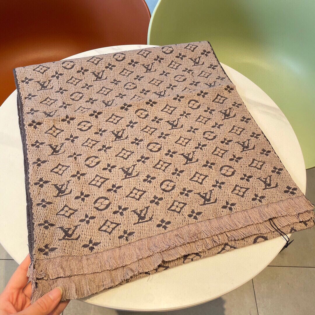 Luxury Monogram Print Knit Scarf for Women - Soft Warm Winter Neck Wrap, Beige and Brown