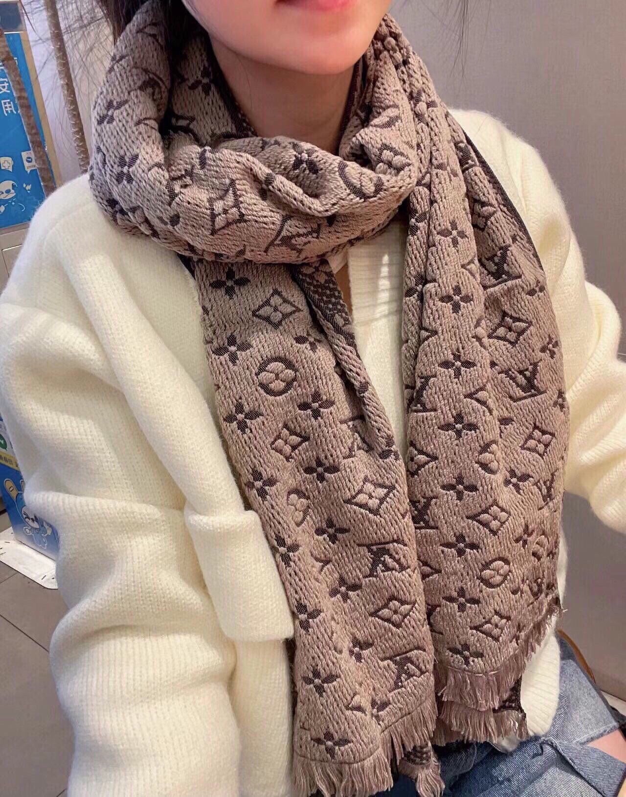 Luxury Monogram Print Knit Scarf for Women - Soft Warm Winter Neck Wrap, Beige and Brown