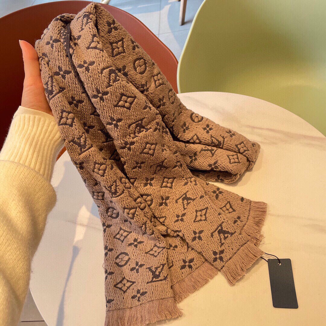 Luxury Monogram Print Knit Scarf for Women - Soft Warm Winter Neck Wrap, Beige and Brown
