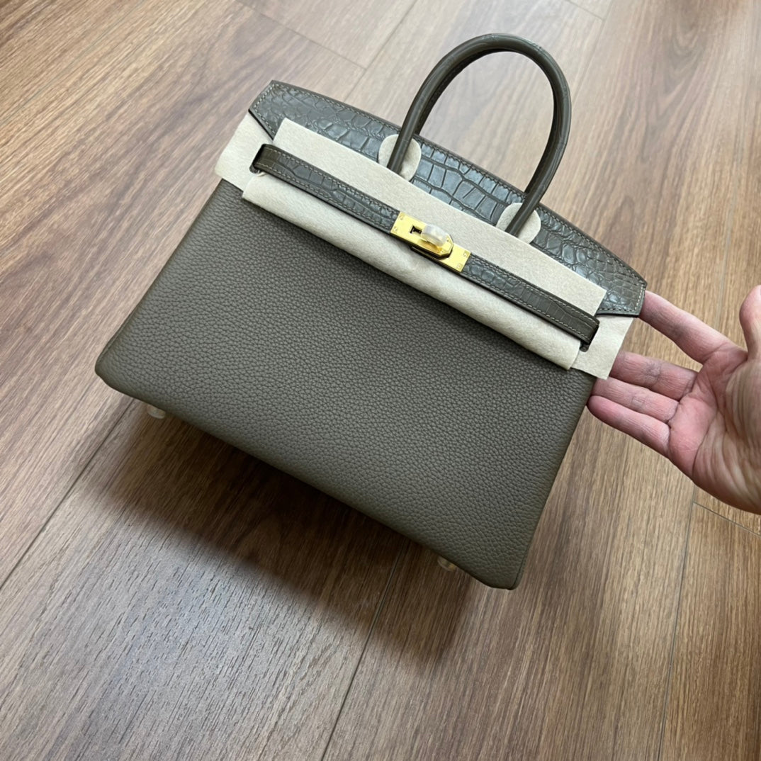 Two-Tone Leather Satchel Handbag with Gold-Tone Hardware - Brown and White
