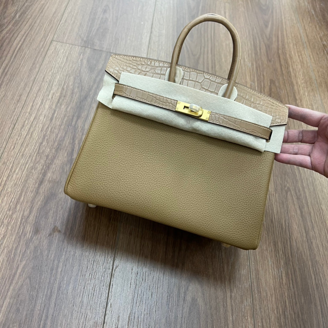 Two-Tone Leather Satchel Handbag with Gold-Tone Hardware - Brown and White