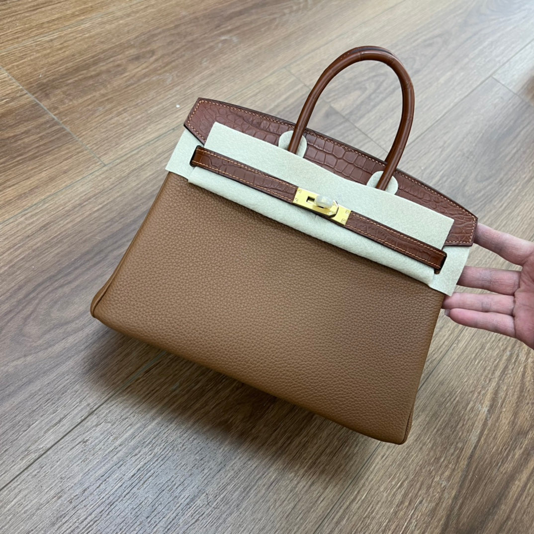 Two-Tone Leather Satchel Handbag with Gold-Tone Hardware - Brown and White