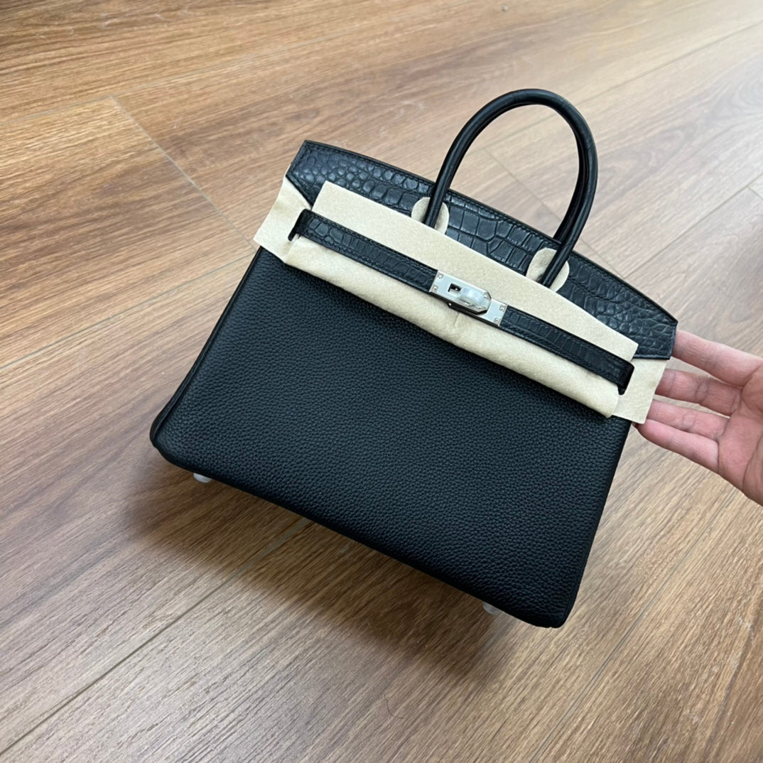 Two-Tone Leather Satchel Handbag with Gold-Tone Hardware - Brown and White