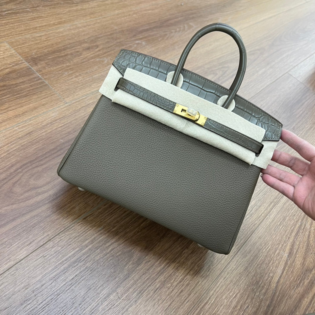 Two-Tone Leather Satchel Handbag with Gold-Tone Hardware - Brown and White