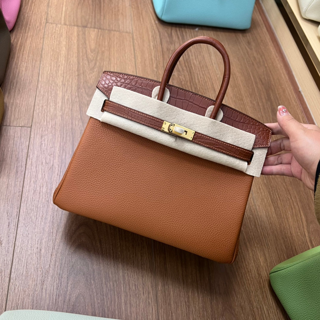 Elegant Two-Tone Leather Top Handle Handbag with Croc-Embossed Detail and Gold Hardware
