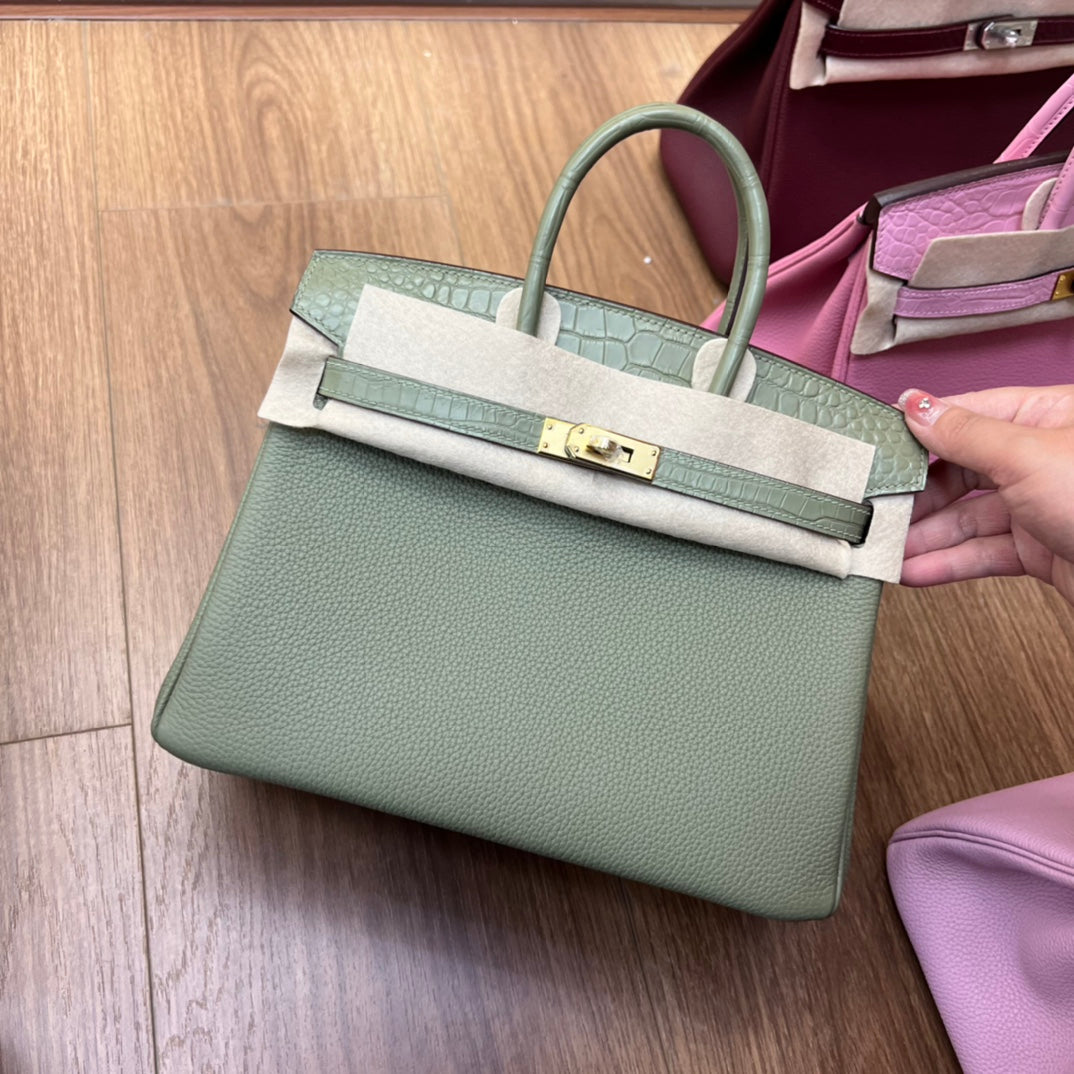 Elegant Sage Green Crocodile-Embossed Trim Top Handle Handbag with Gold Hardware