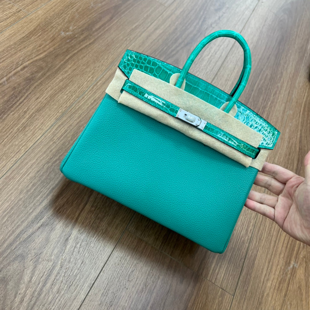 Blue Croc-Embossed Two-Tone Top Handle Handbag - Elegant Designer Style Tote