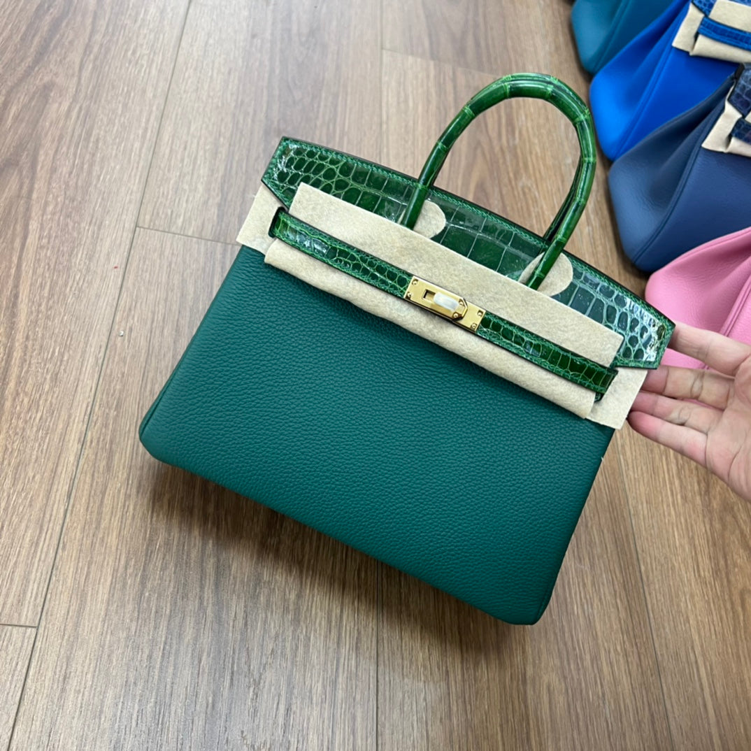 Blue Croc-Embossed Two-Tone Top Handle Handbag - Elegant Designer Style Tote