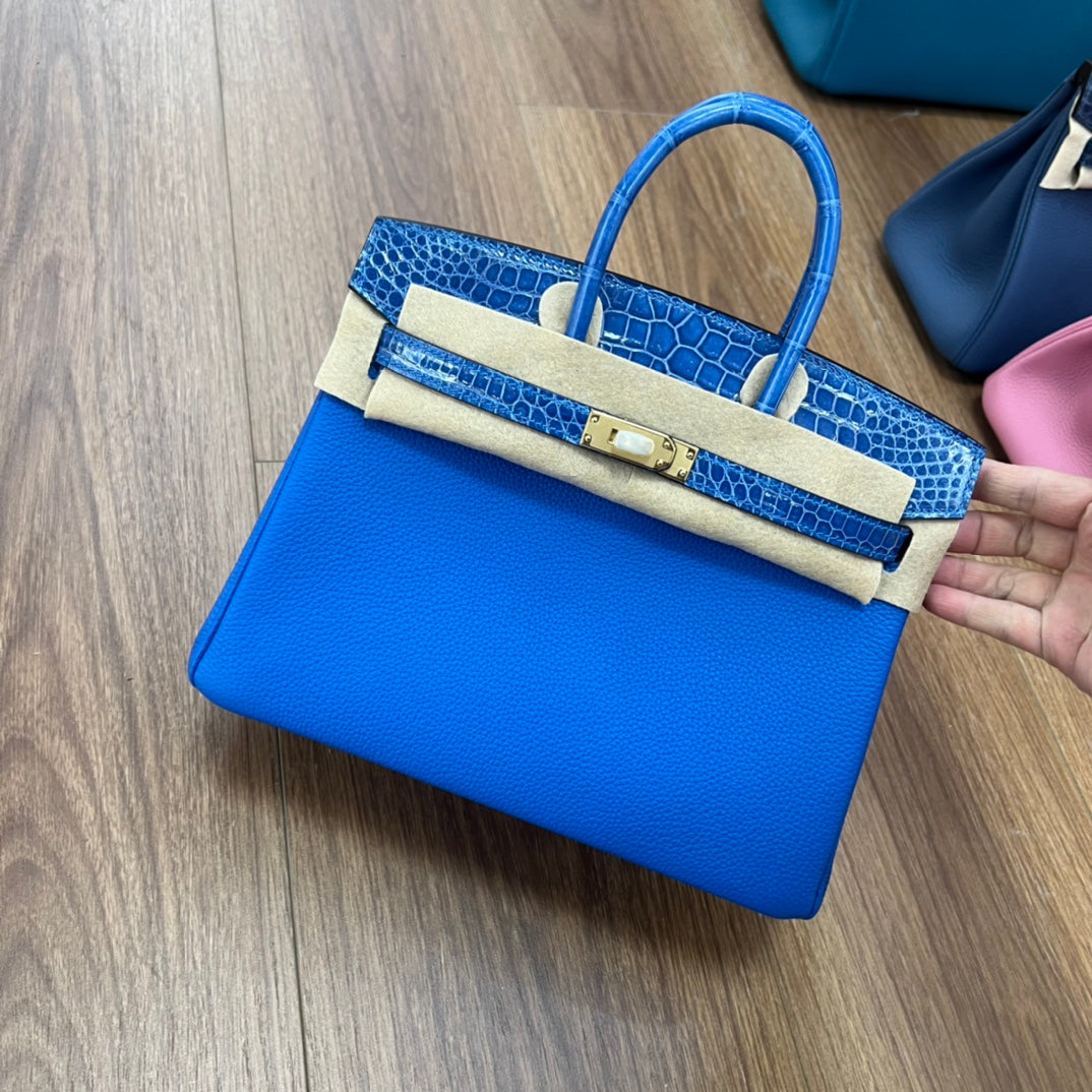 Blue Croc-Embossed Two-Tone Top Handle Handbag - Elegant Designer Style Tote
