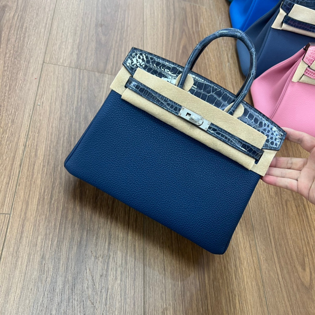 Blue Croc-Embossed Two-Tone Top Handle Handbag - Elegant Designer Style Tote