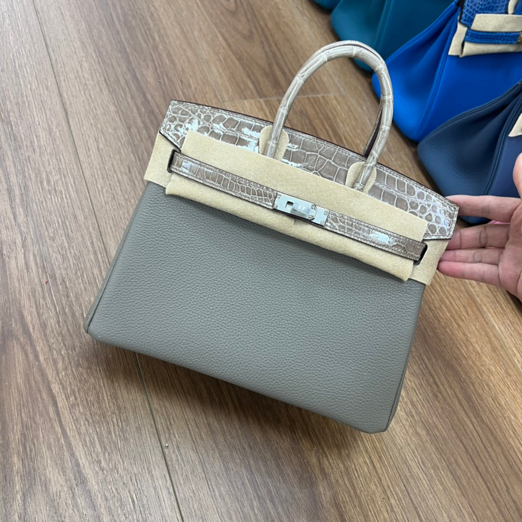Blue Croc-Embossed Two-Tone Top Handle Handbag - Elegant Designer Style Tote