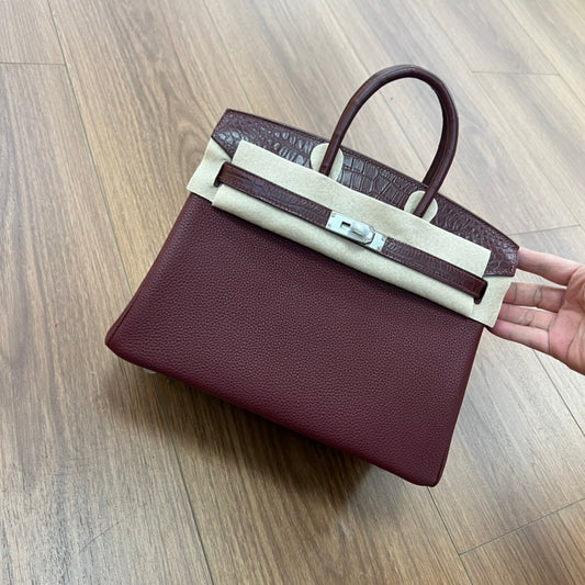 Elegant Burgundy and Cream Two-Tone Leather Handbag with Croc-Embossed Detail