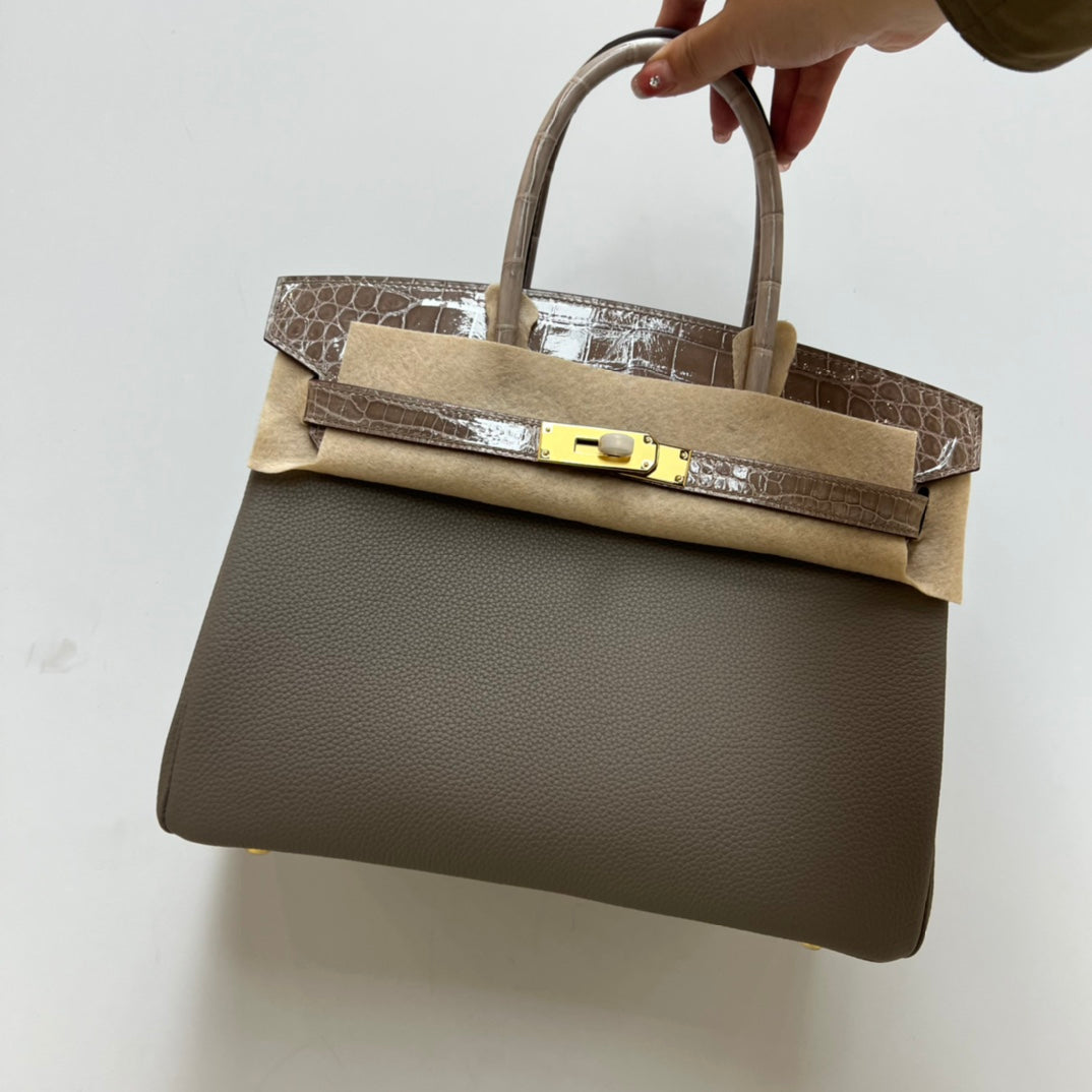 Luxury Dark Green Top-Handle Satchel Bag with Crocodile-Embossed Trim and Gold Hardware