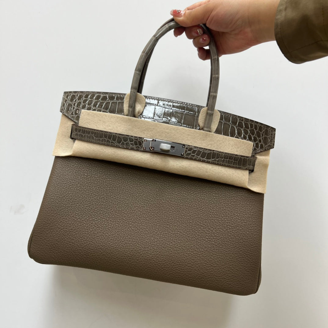 Luxury Dark Green Top-Handle Satchel Bag with Crocodile-Embossed Trim and Gold Hardware