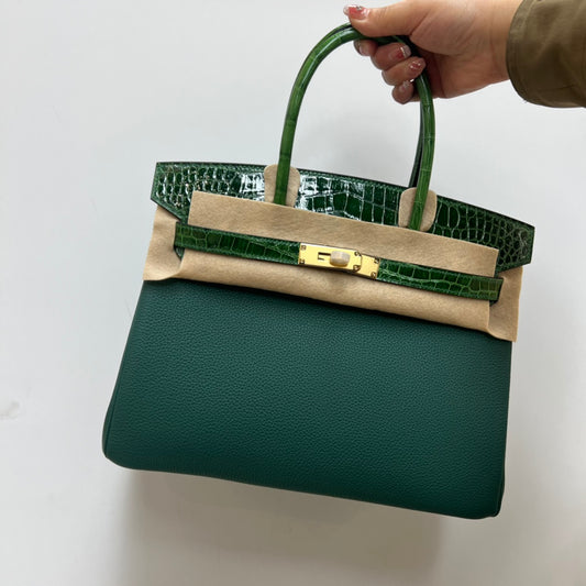 Luxury Dark Green Top-Handle Satchel Bag with Crocodile-Embossed Trim and Gold Hardware