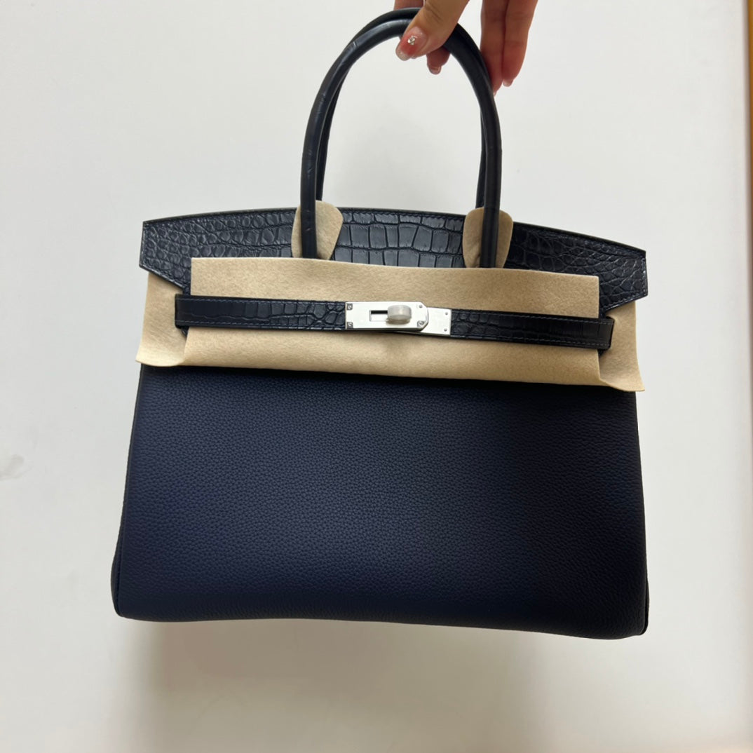 Luxury Navy Blue &amp; Black Crocodile Texture Top Handle Handbag for Women