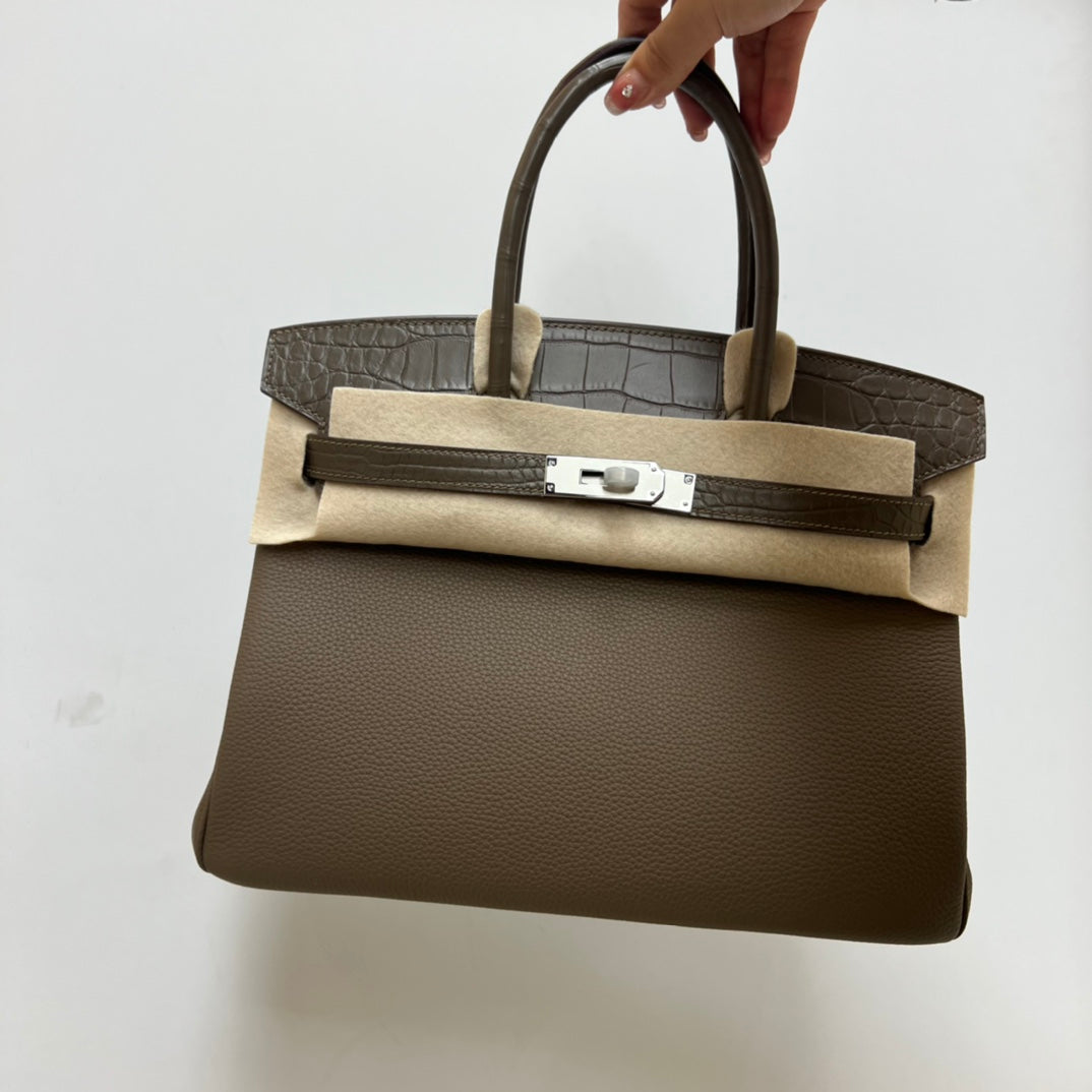 Luxury Navy Blue &amp; Black Crocodile Texture Top Handle Handbag for Women