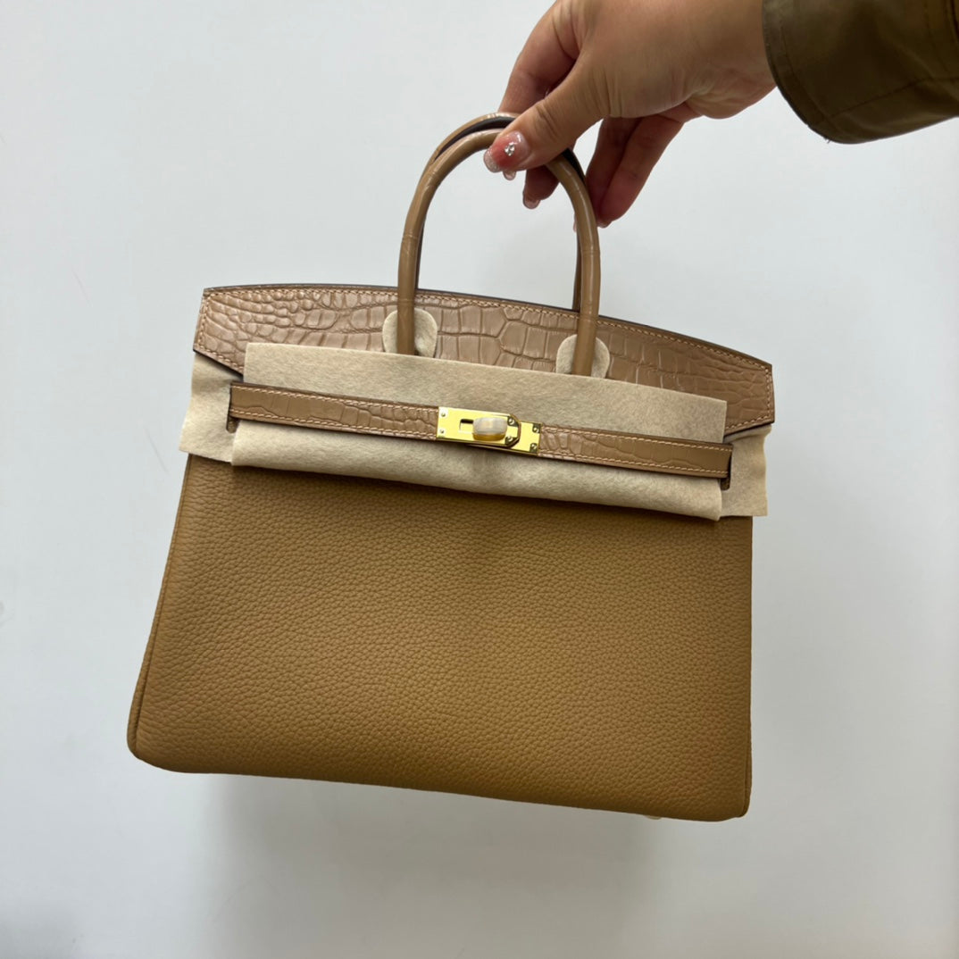 Luxury Olive Green Leather Top Handle Handbag with Croc-Embossed Trim