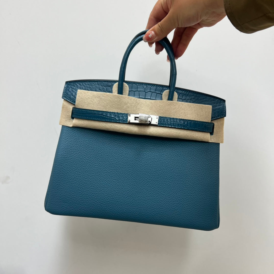 Luxury Olive Green Leather Top Handle Handbag with Croc-Embossed Trim