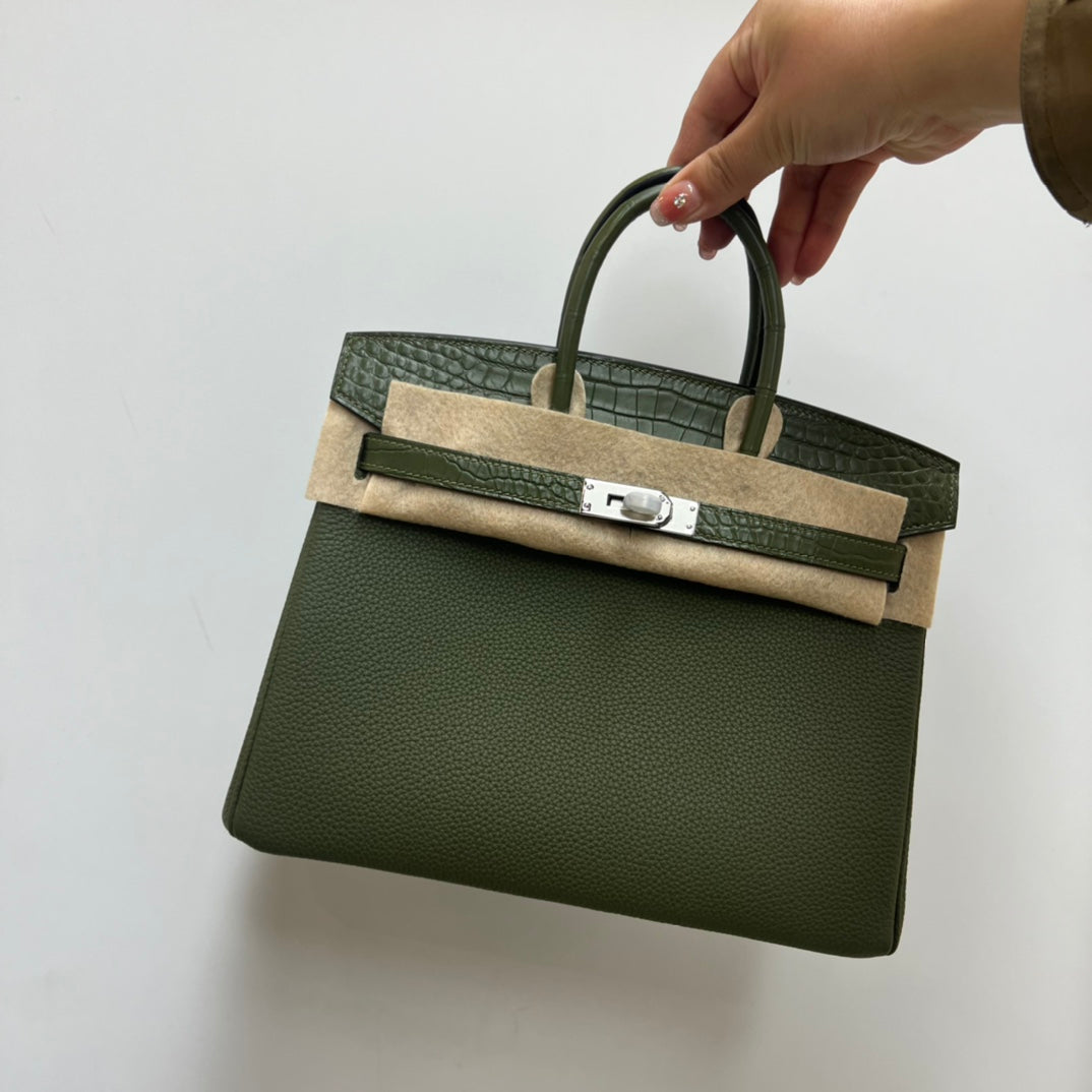 Luxury Olive Green Leather Top Handle Handbag with Croc-Embossed Trim