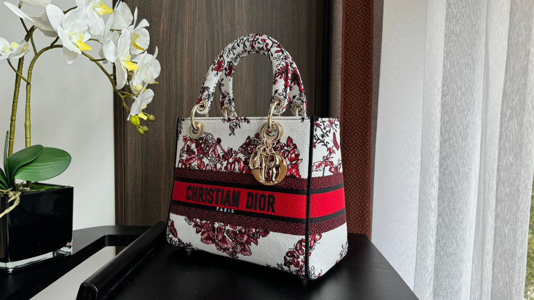 Christian Dior Lady D-Lite Medium Bag - Burgundy Toile de Jouy Embroidery