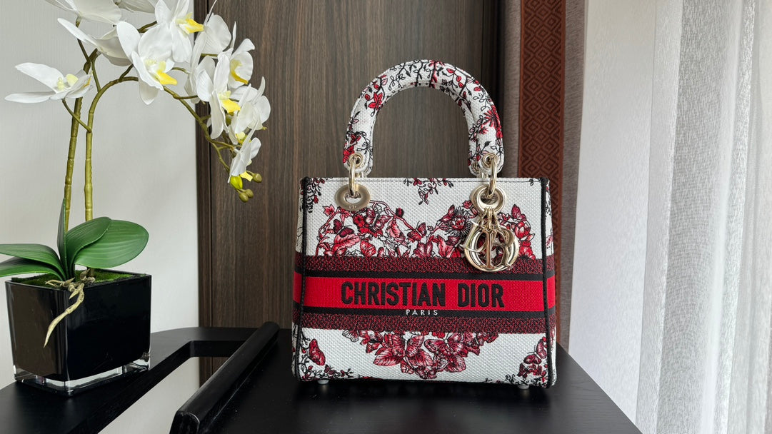 Christian Dior Lady D-Lite Medium Bag - Burgundy Toile de Jouy Embroidery