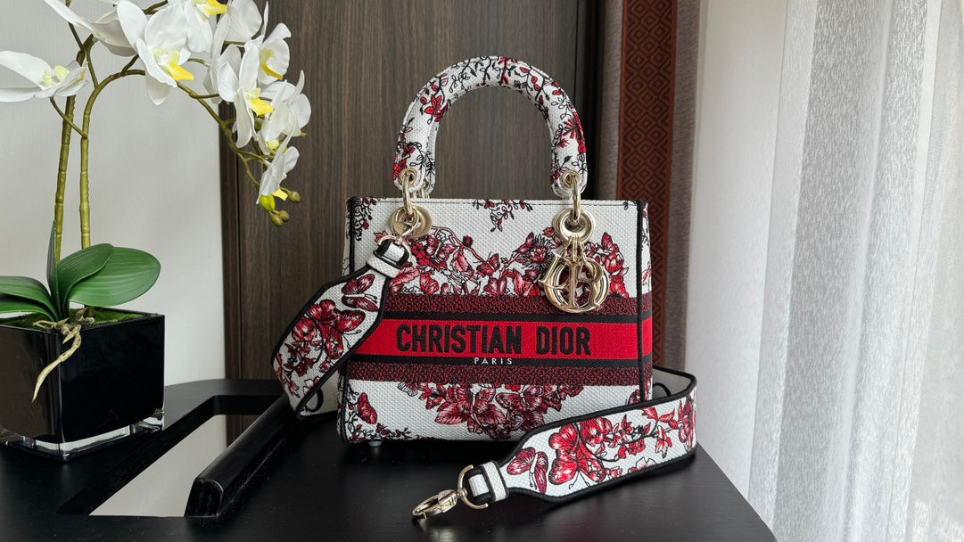 Dior Red and White Floral Canvas Top Handle Handbag with Shoulder Strap