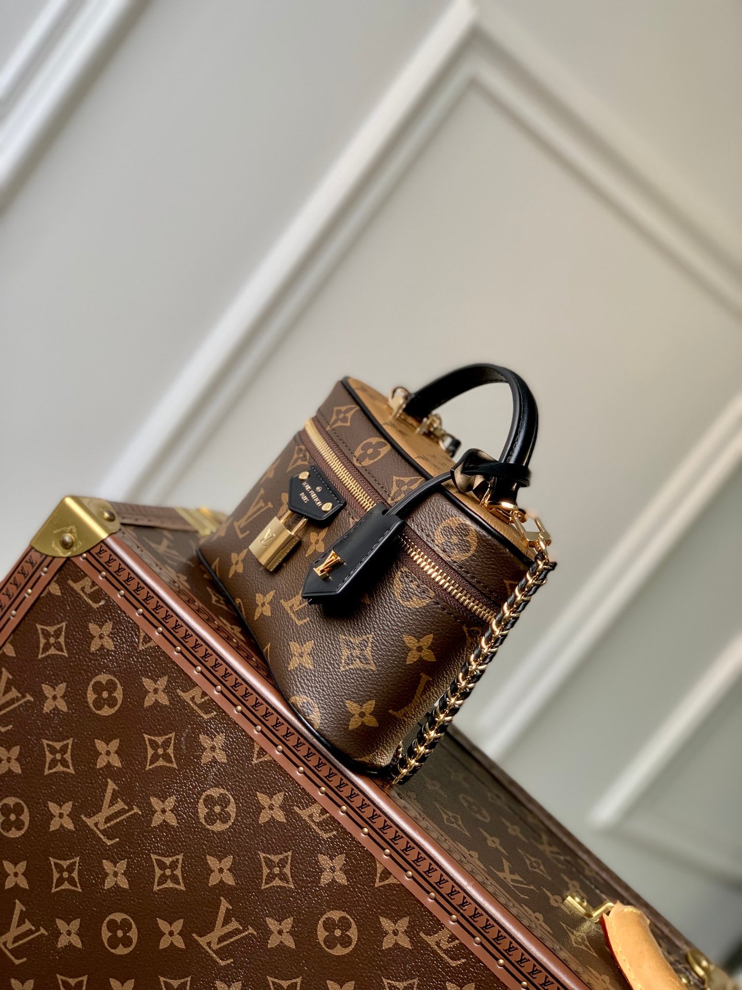 Louis Vuitton Vintage Monogram Canvas Vanity Case Handbag with Gold Padlock