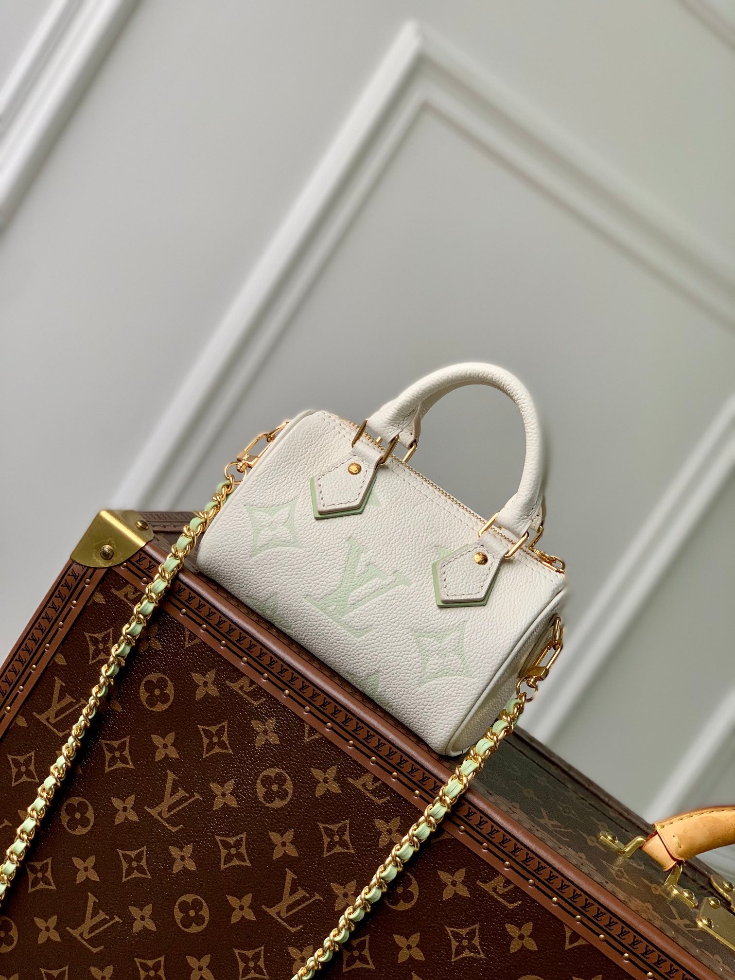 Louis Vuitton Nano Speedy Monogram Empreinte Leather Handbag - Cream/Vert Lagon