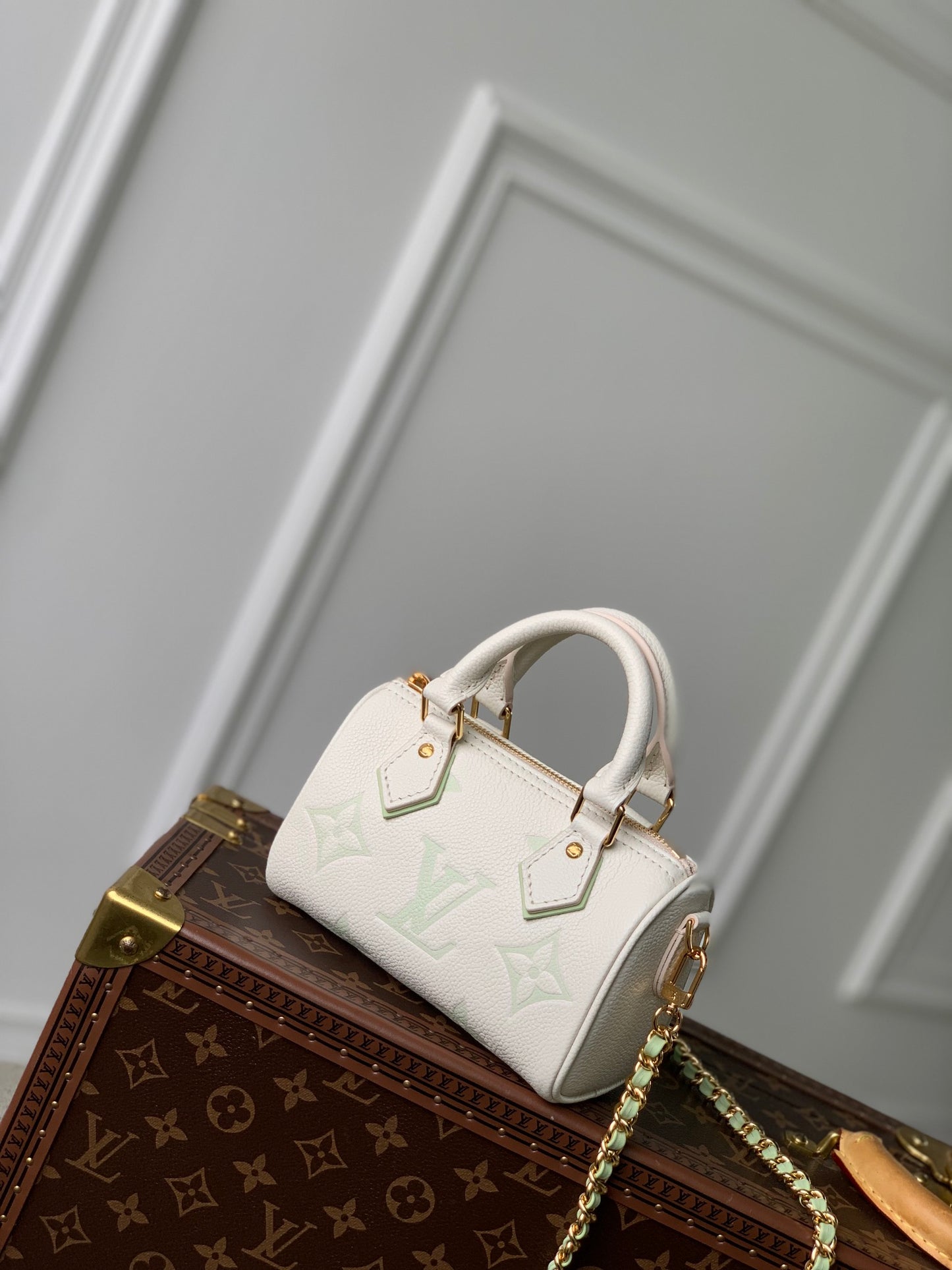 Louis Vuitton Nano Speedy Monogram Empreinte Leather Handbag - Cream/Vert Lagon