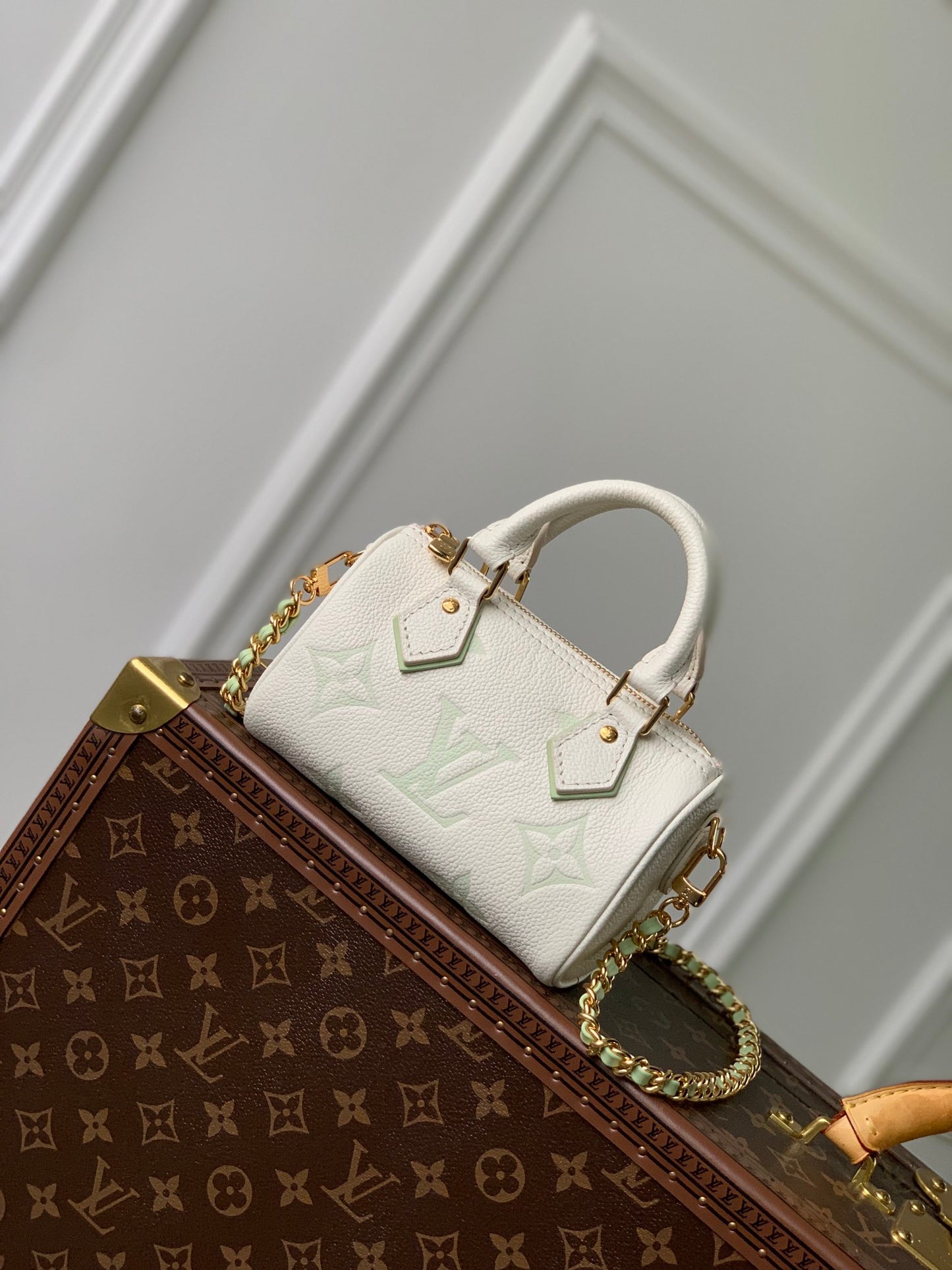 Louis Vuitton Nano Speedy Monogram Empreinte Leather Handbag - Cream/Vert Lagon