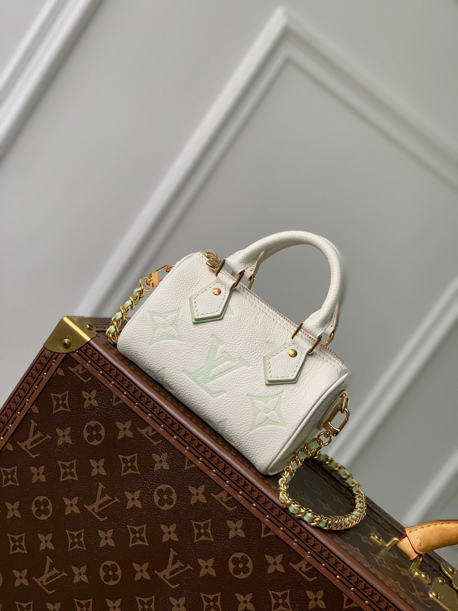 Louis Vuitton Nano Speedy Monogram Empreinte Leather Handbag - Cream/Vert Lagon