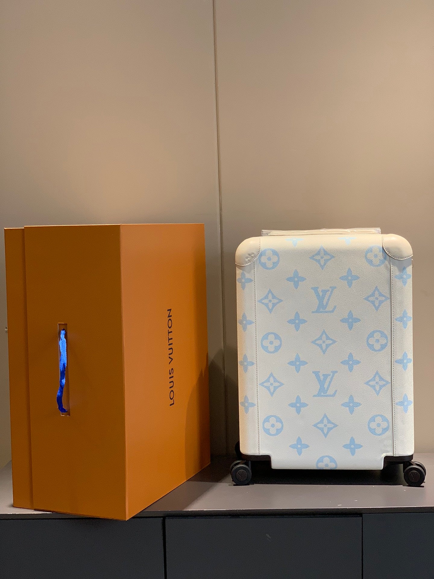 White and Blue Monogram Hardside Carry-On Suitcase with Spinner Wheels
