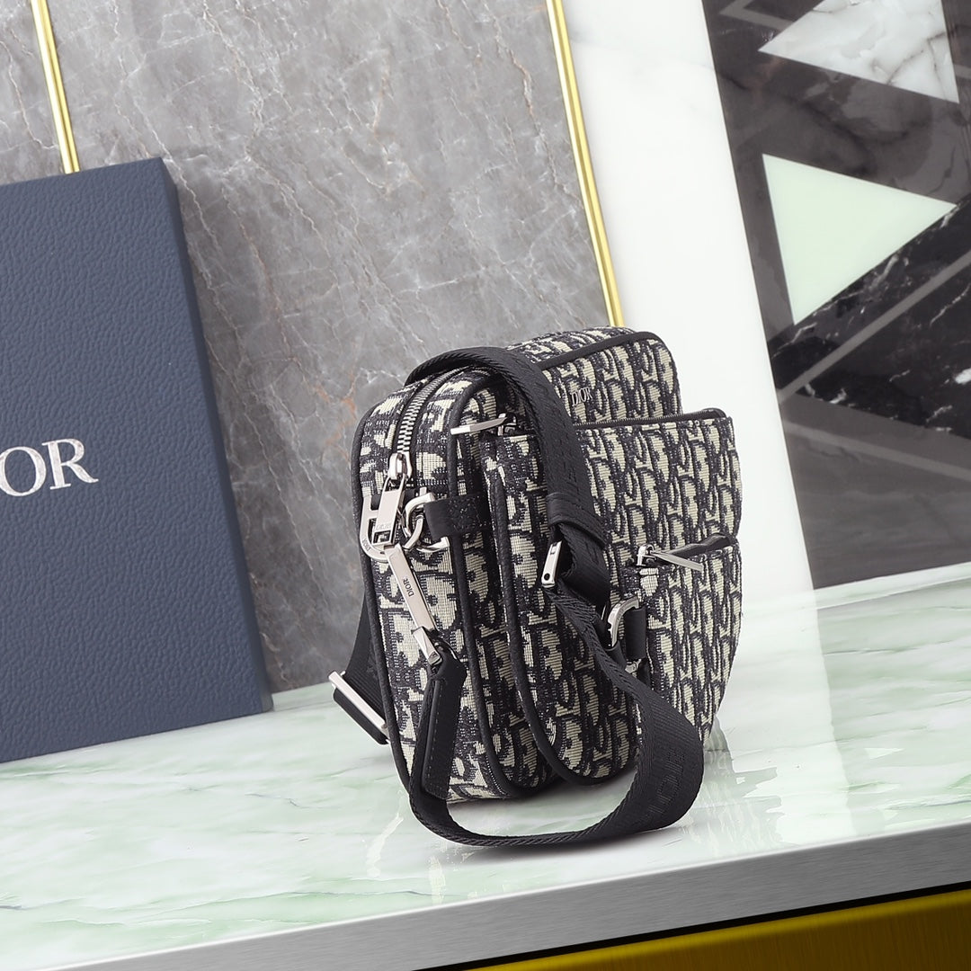 Christian Dior Oblique Jacquard Messenger Bag - Black and Beige Crossbody with Detachable Pouch